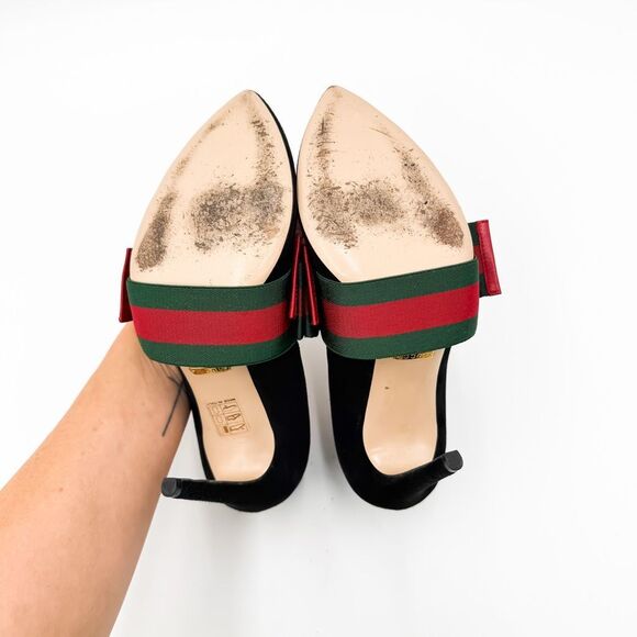 Gucci Heels Web Stripe Bow Black Suede Pumps Heels EU 37.5 US 7.5 - Picture 8 of 14